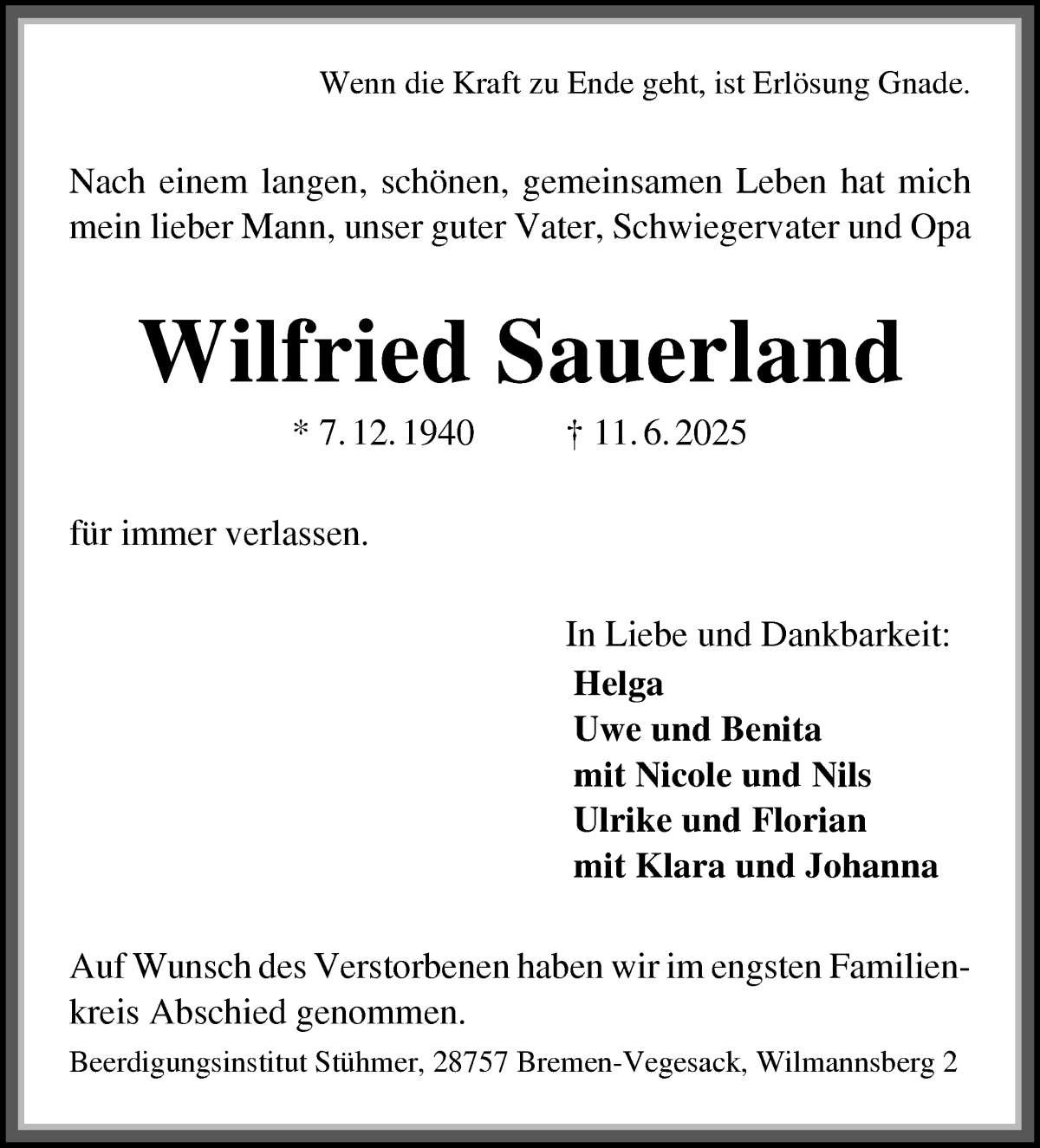 Traueranzeige von Wilfried Sauerland von Die Norddeutsche
