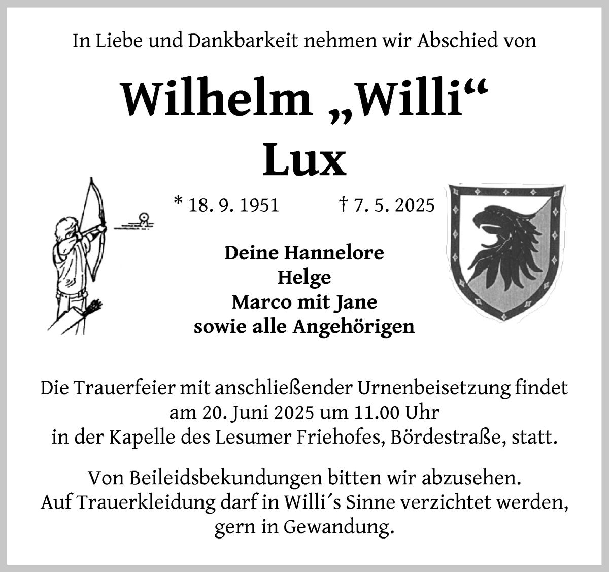 Traueranzeige von Wilhelm Willi Lux von WESER-KURIER