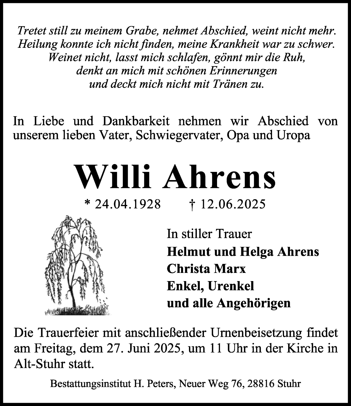 Traueranzeige von Willi Ahrens von Regionale Rundschau/Syker Kurier