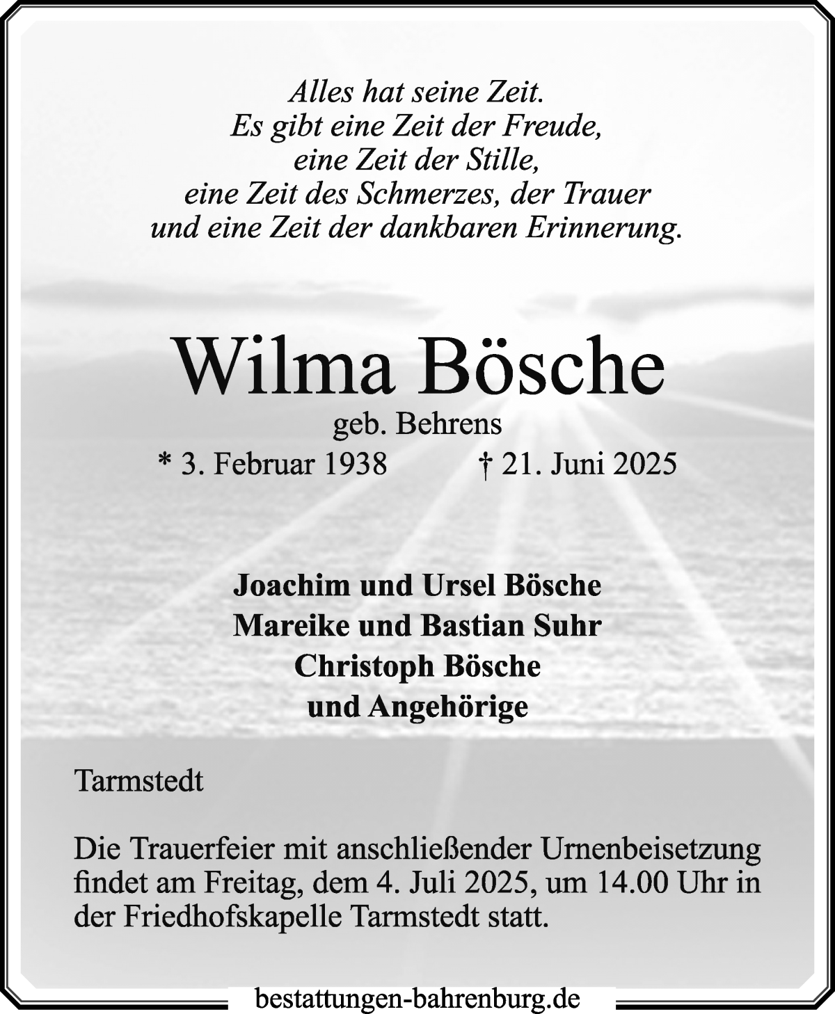 Traueranzeige von Wilma Bösche von Wuemme Zeitung