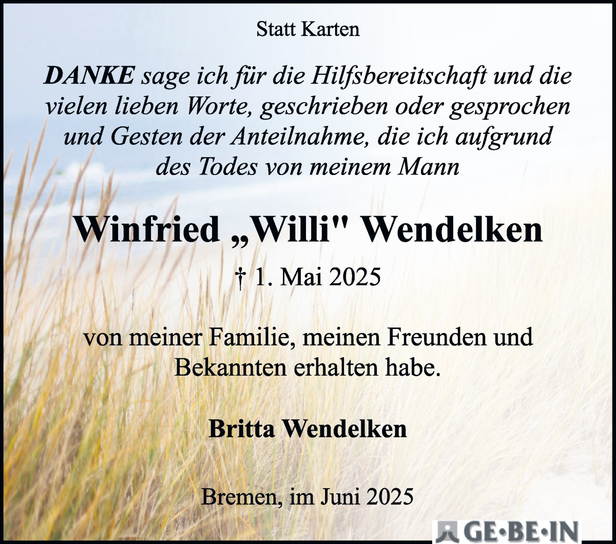 Traueranzeige von Winfried  Wendelken von WESER-KURIER