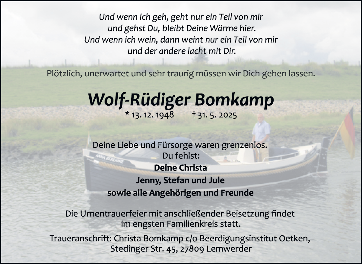 Traueranzeige von Wolf-Rüdiger Bomkamp von Die Norddeutsche