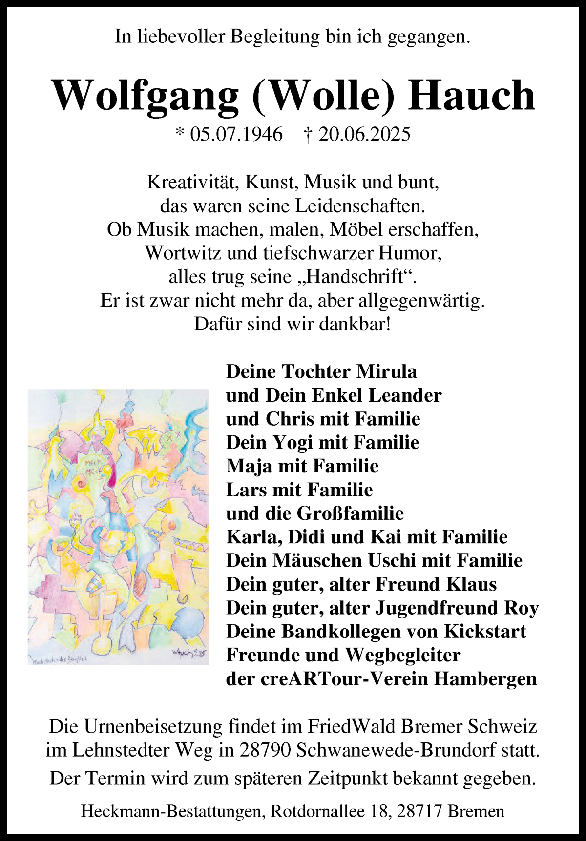 Traueranzeige von Wolfgang (Wolle) Hauch von Osterholzer Kreisblatt