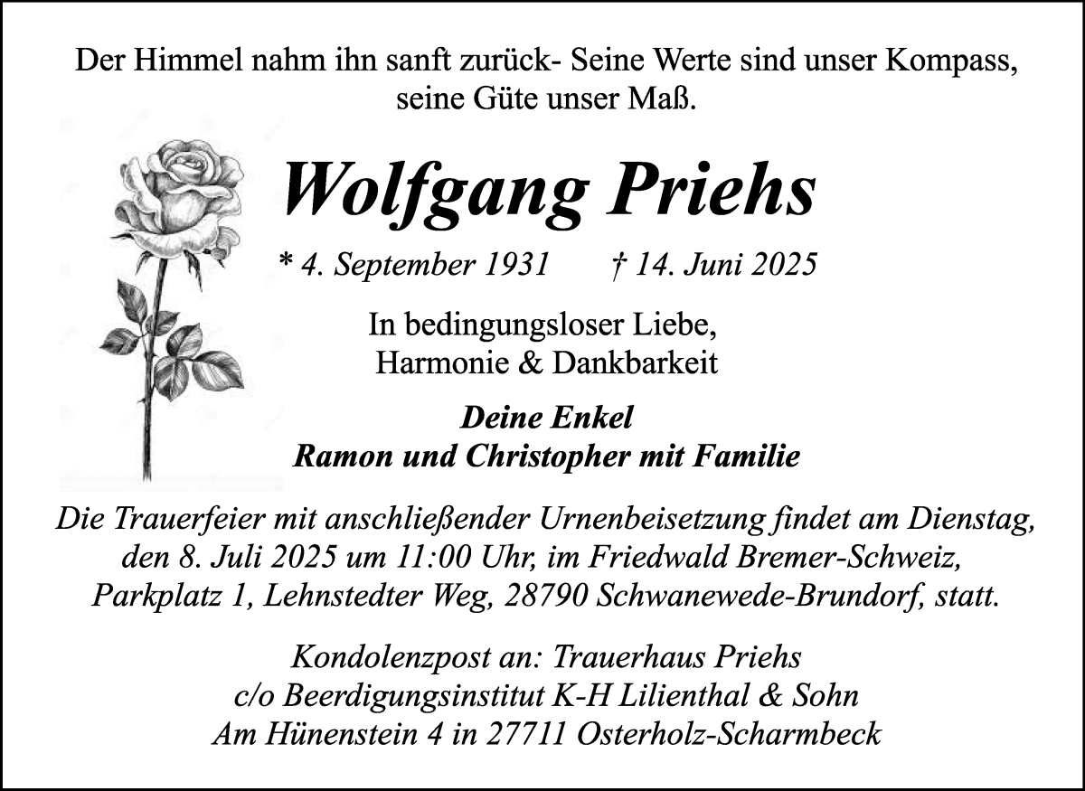 Traueranzeige von Wolfgang Priehs von Osterholzer Kreisblatt
