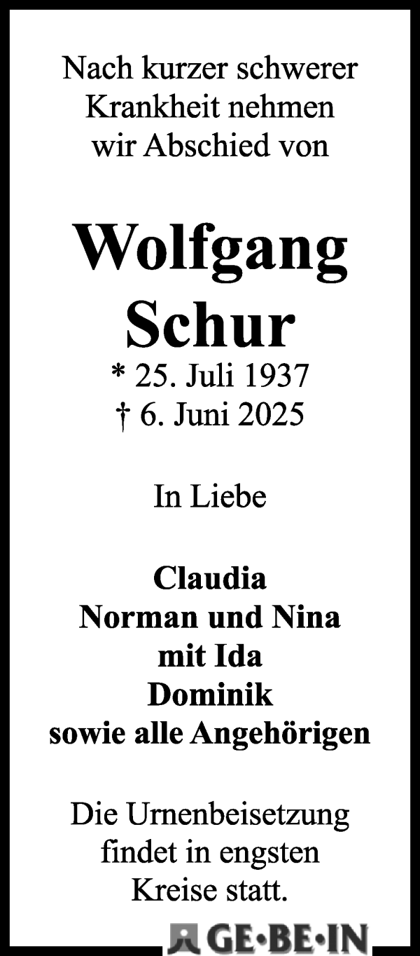 Traueranzeige von Wolfgang Schur von WESER-KURIER