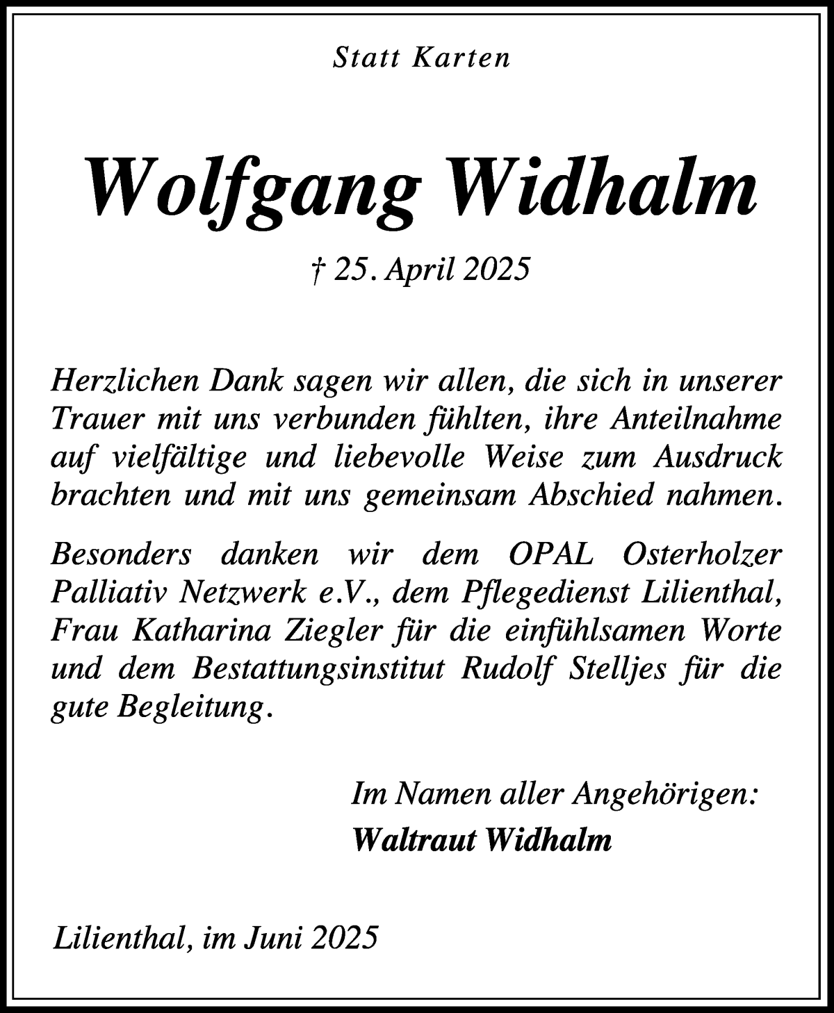 Traueranzeige von Wolfgang Widhalm von Wuemme Zeitung