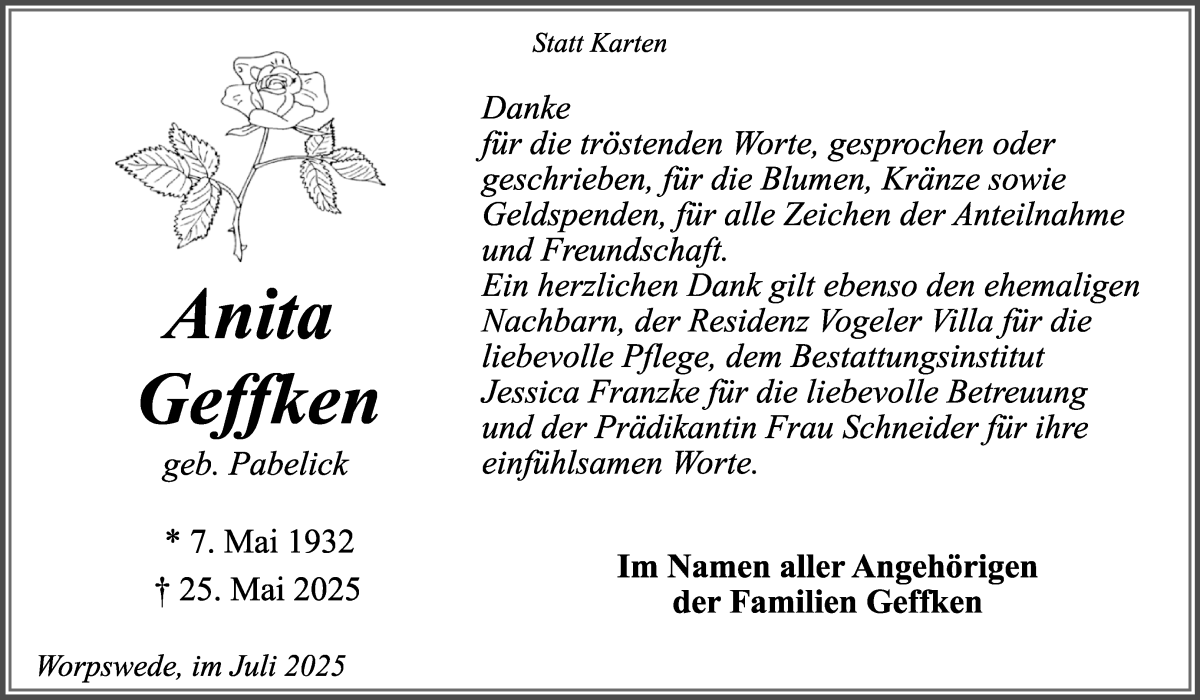 Traueranzeige von Anita Geffken von Wuemme Zeitung