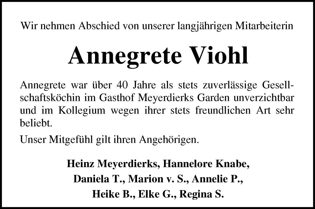 Traueranzeige von Annegrete Viohl von Wuemme Zeitung