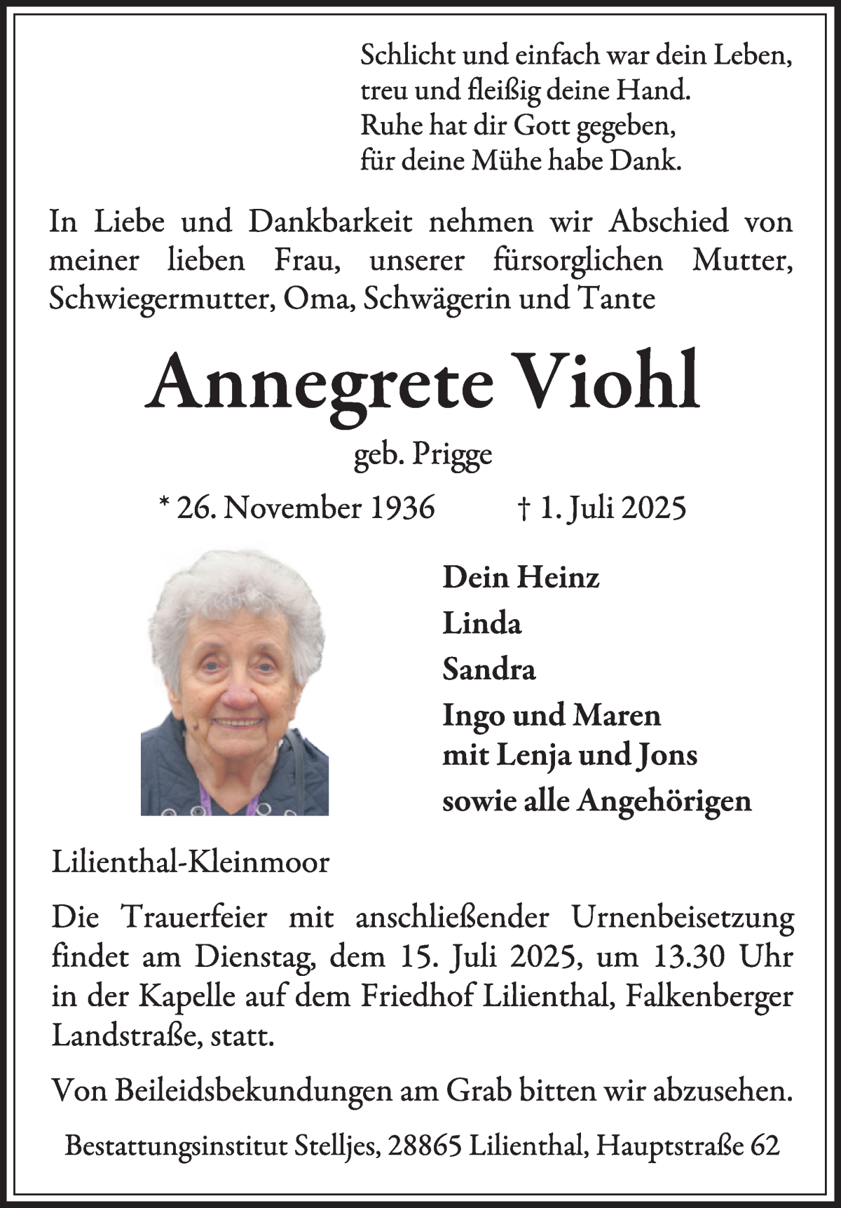 Traueranzeige von Annegrete Viohl von Wuemme Zeitung