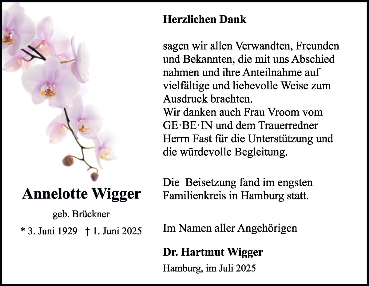 Traueranzeige von Annelotte Wigger von WESER-KURIER
