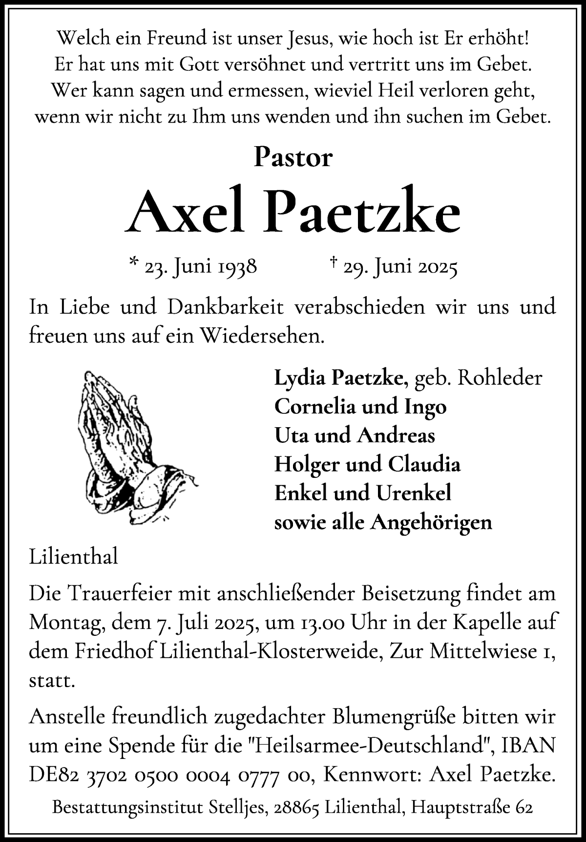 Traueranzeige von Axel Paetzke von WESER-KURIER
