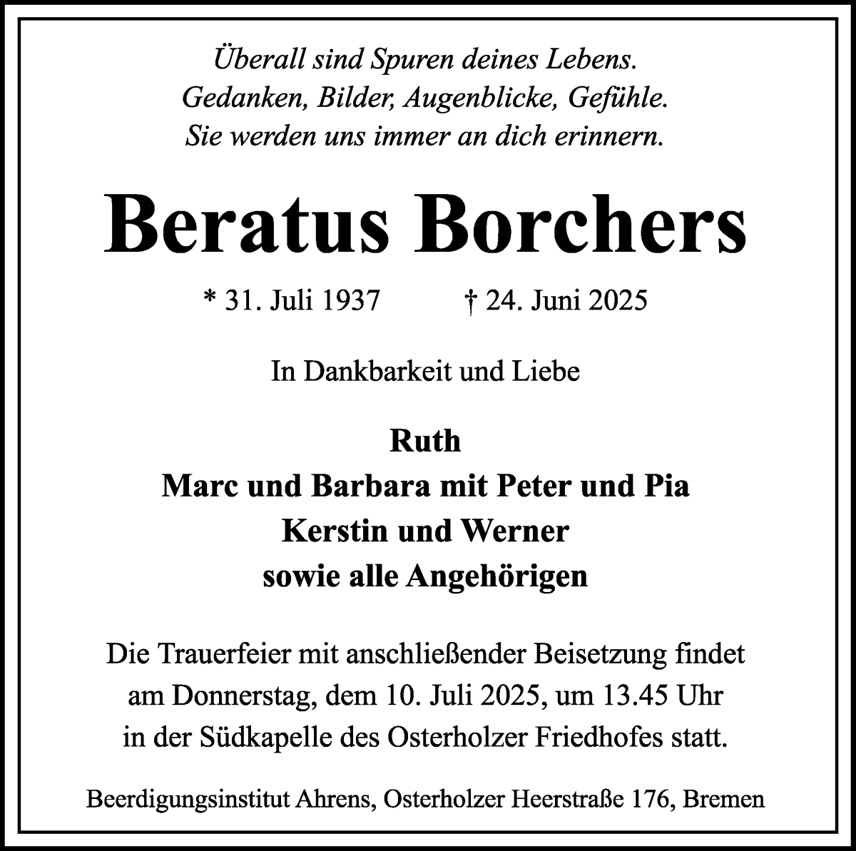 Traueranzeige von Beratus Borchers von WESER-KURIER