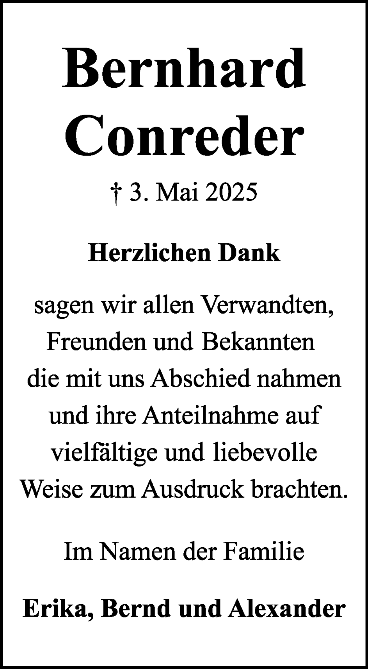 Traueranzeige von Bernhard Conreder von WESER-KURIER
