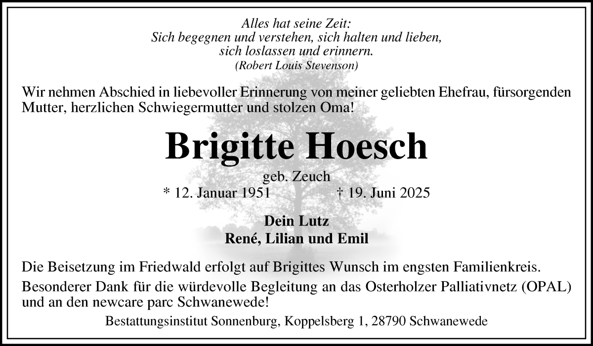 Traueranzeige von Brigitte Hoesch von Die Norddeutsche