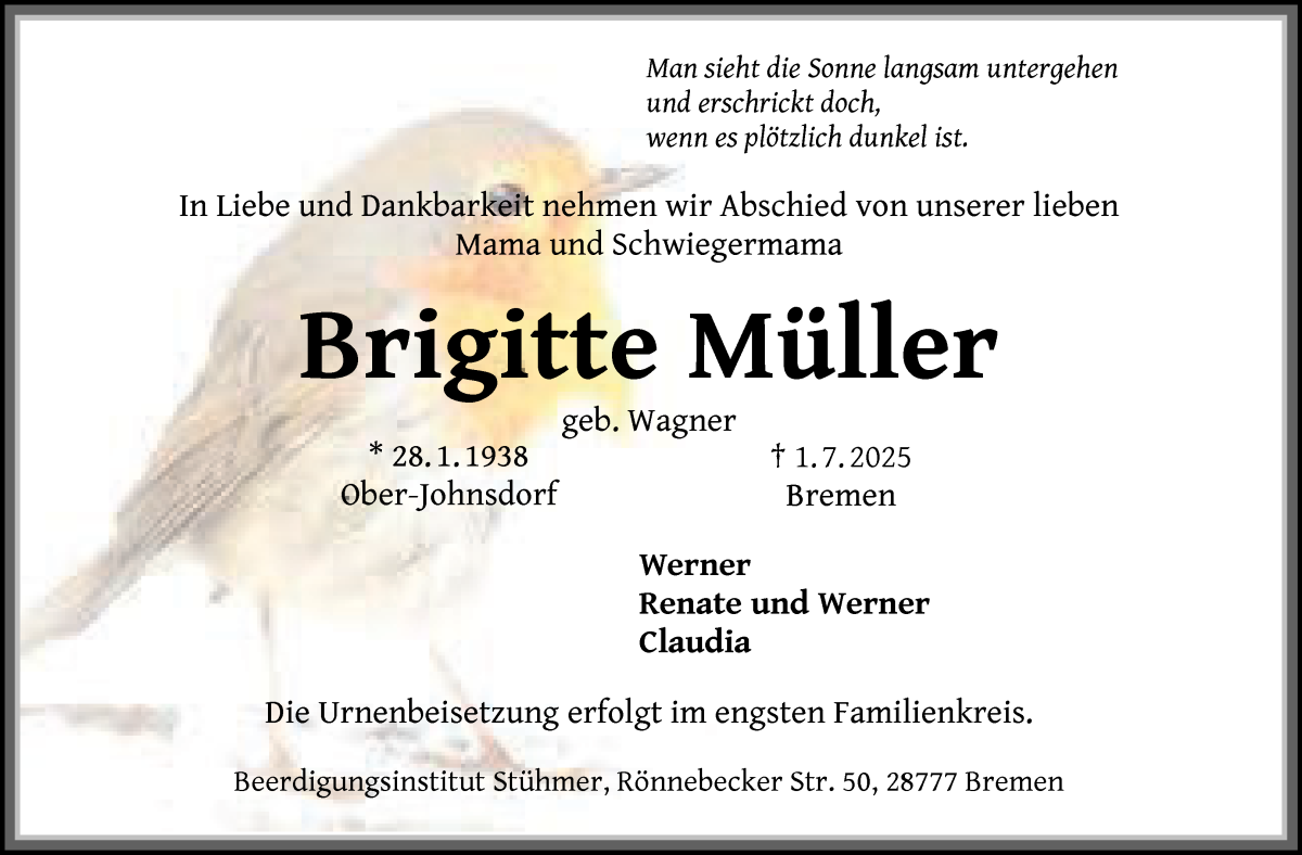 Traueranzeige von Brigitte Müller von Die Norddeutsche