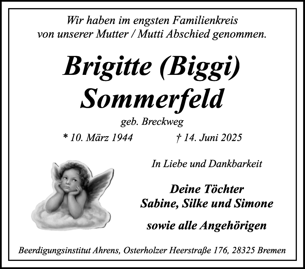 Traueranzeige von Brigitte Sommerfeld von WESER-KURIER