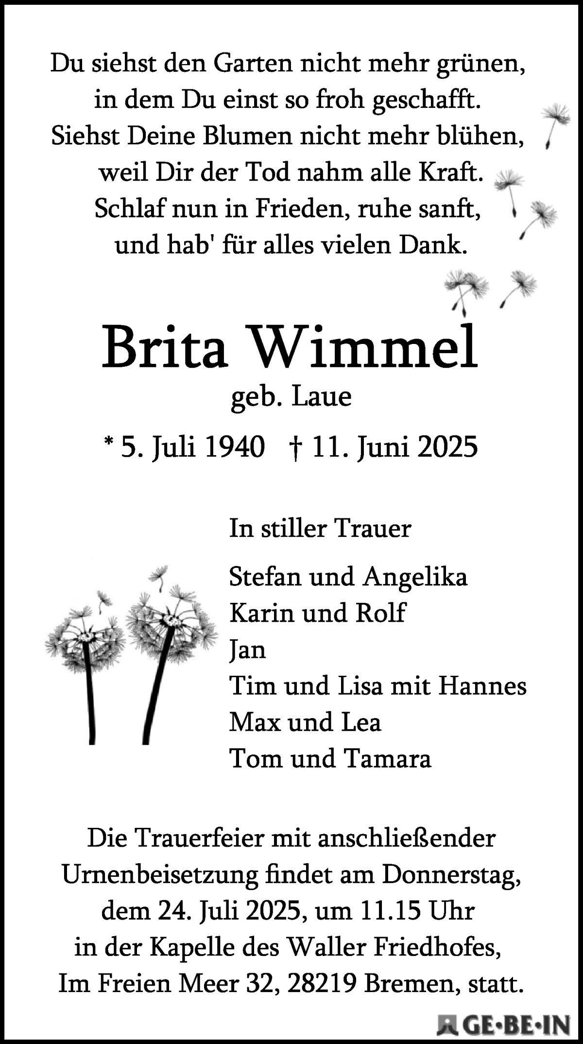 Traueranzeige von Brita Wimmel von WESER-KURIER