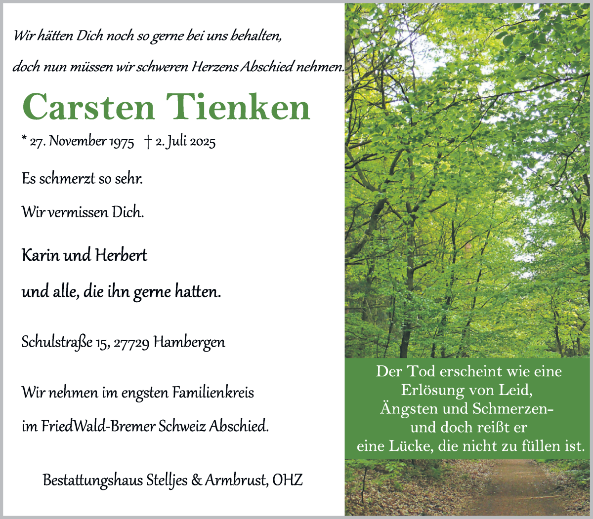 Traueranzeige von Carsten Tienken von Osterholzer Kreisblatt