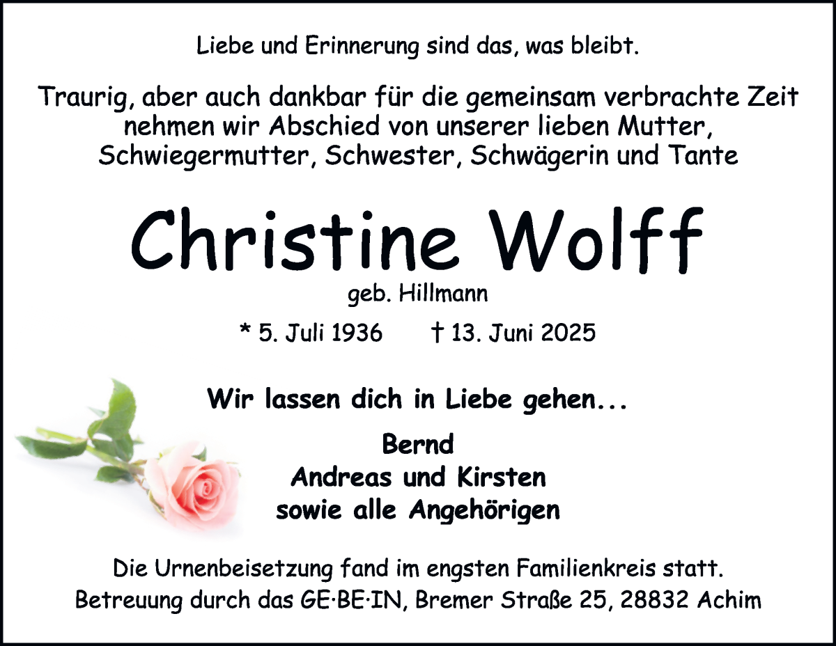 Traueranzeige von Christine Wolff von WESER-KURIER
