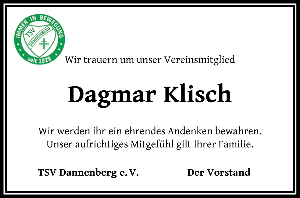 Traueranzeige von Dagmar Klisch von Wuemme Zeitung