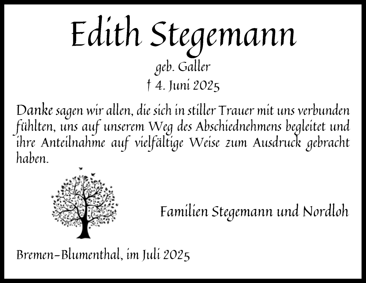 Traueranzeige von Edith Stegemann von Die Norddeutsche