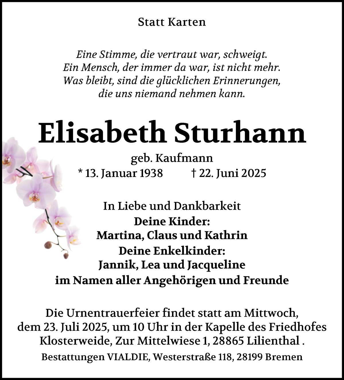 Traueranzeige von Elisabeth Sturhann von WESER-KURIER