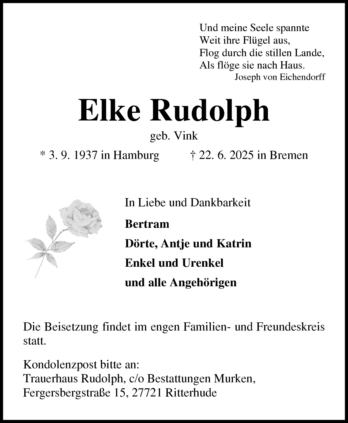 Traueranzeige von Elke Rudolph von WESER-KURIER