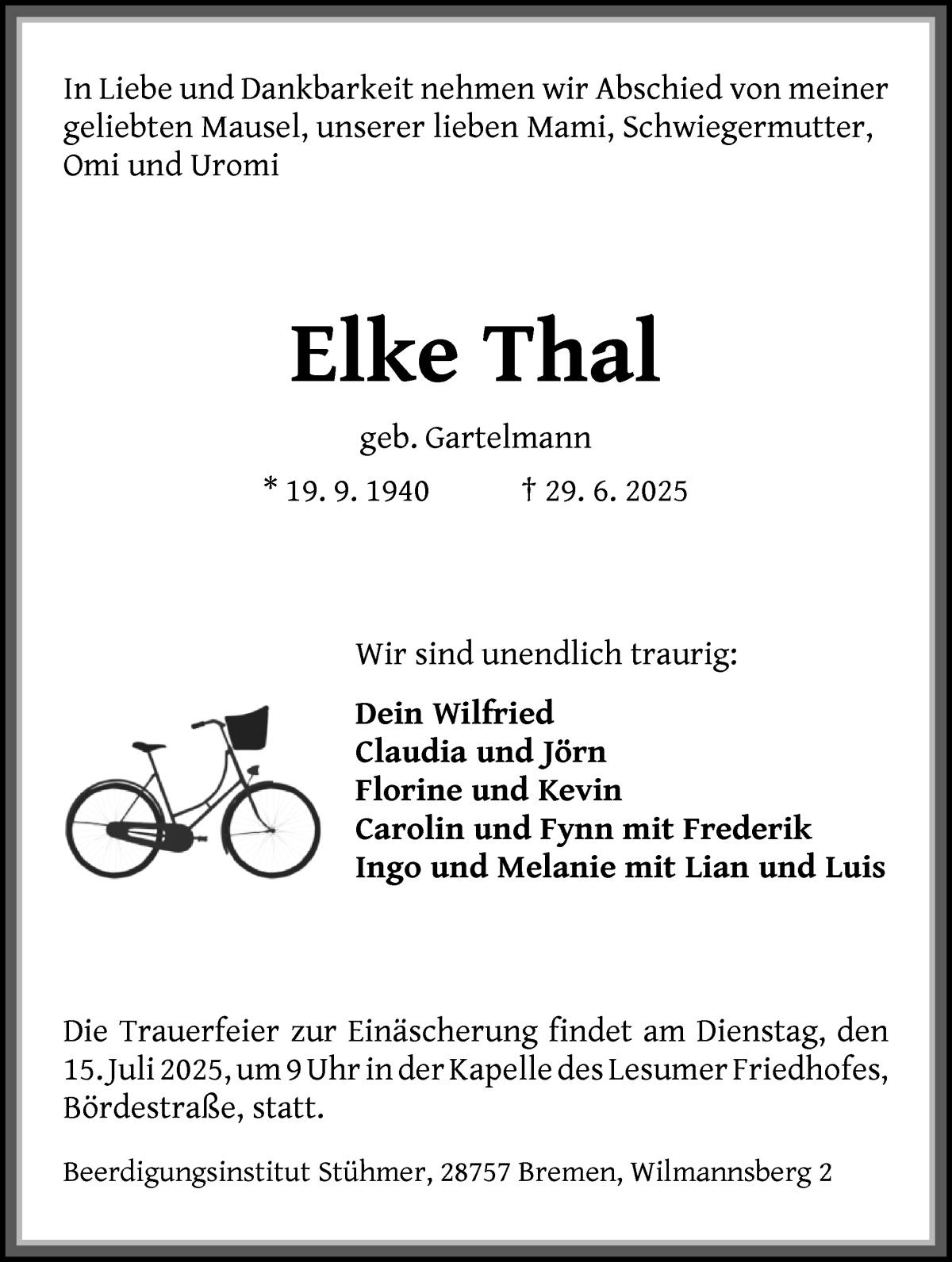 Traueranzeige von Elke Thal von Die Norddeutsche