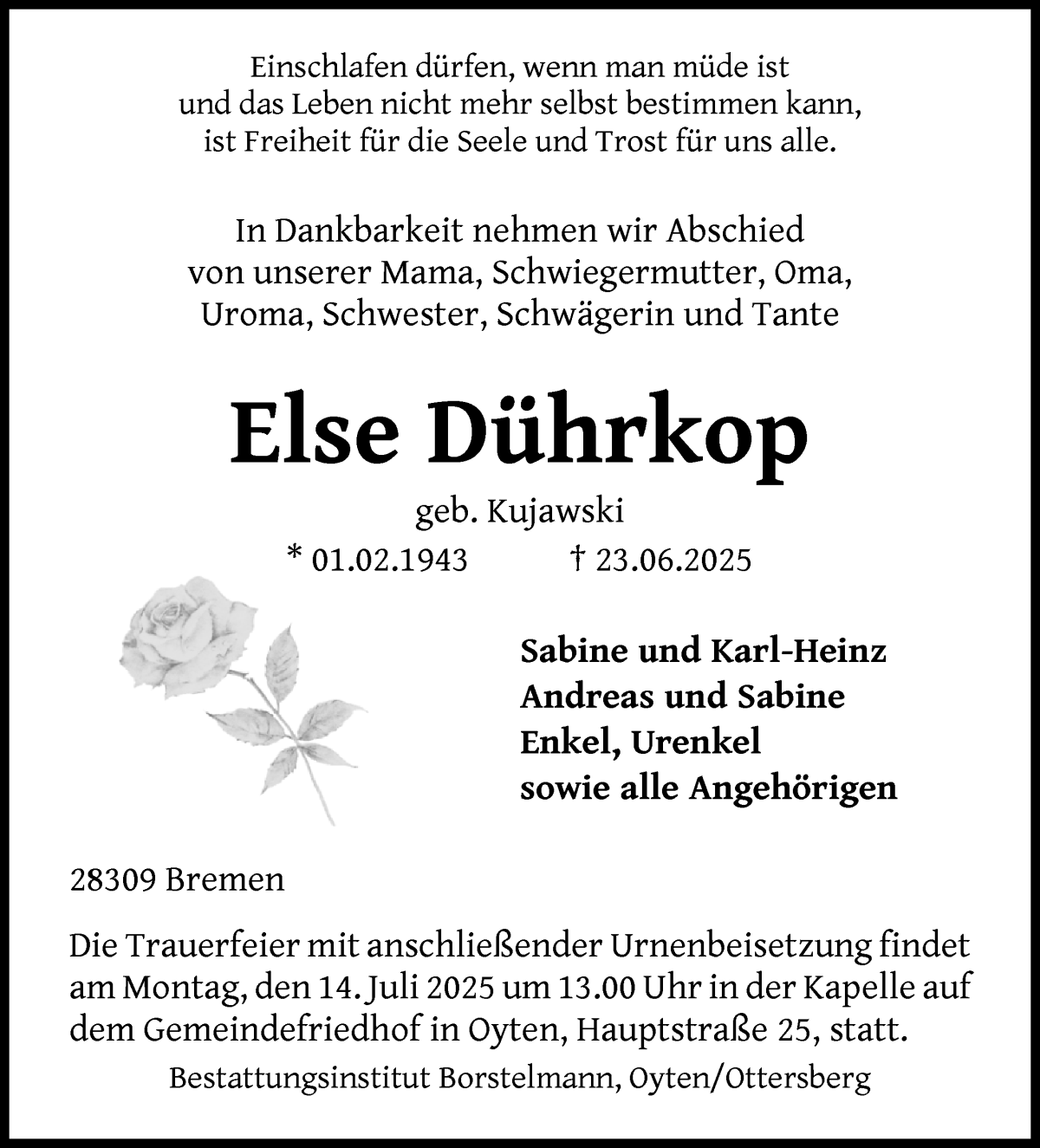 Traueranzeige von Else Dührkop von WESER-KURIER