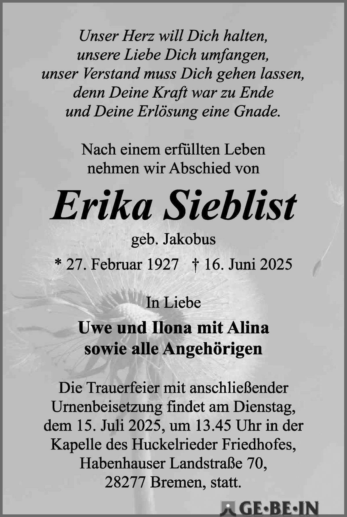 Traueranzeige von Erika Sieblist von WESER-KURIER