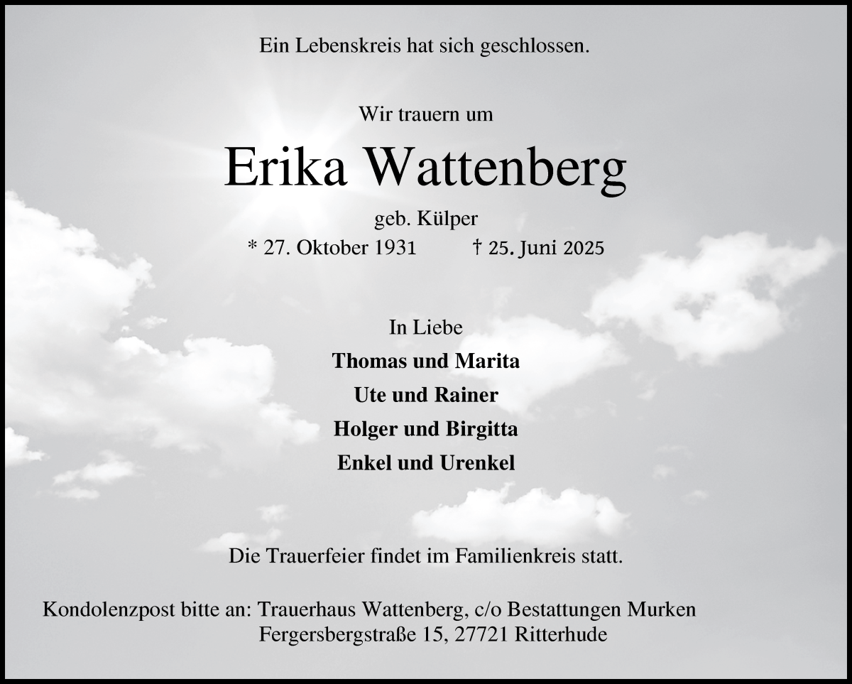 Traueranzeige von Erika Wattenberg von Osterholzer Kreisblatt