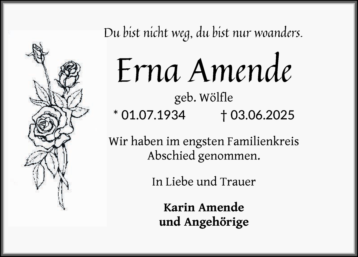 Traueranzeige von Erna Amende von Die Norddeutsche