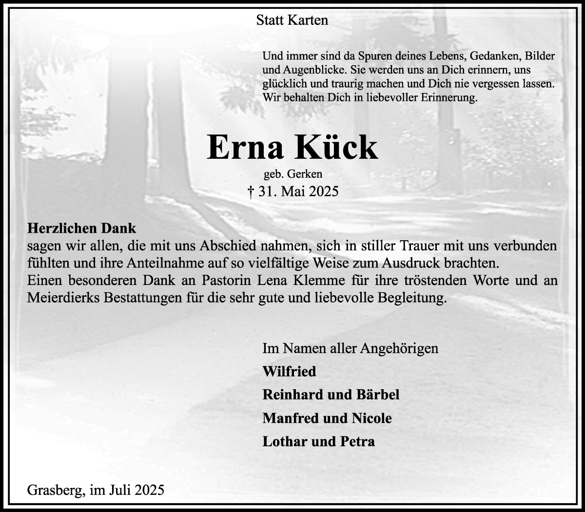 Traueranzeige von Erna Kück von Wuemme Zeitung