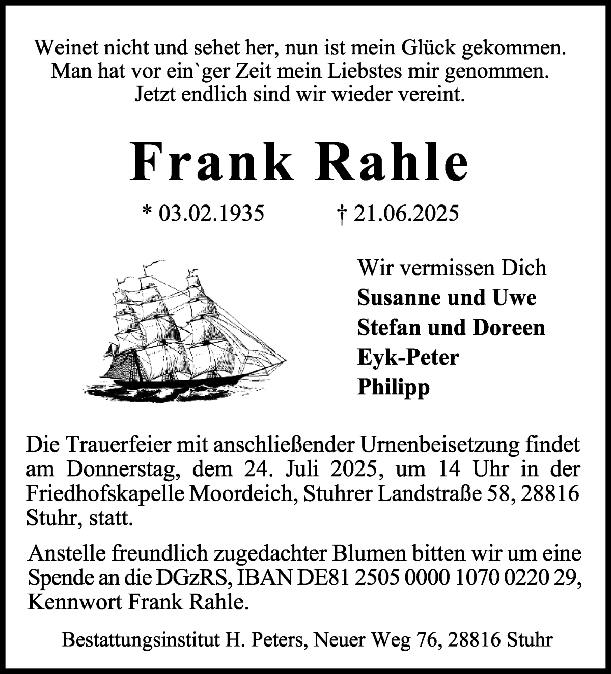 Traueranzeige von Frank Rahle von WESER-KURIER