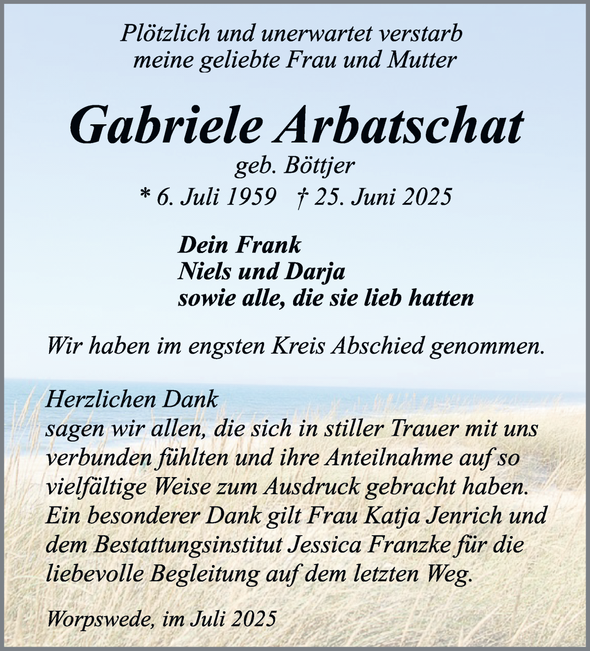 Traueranzeige von Gabriele Arbatschat von Wuemme Zeitung