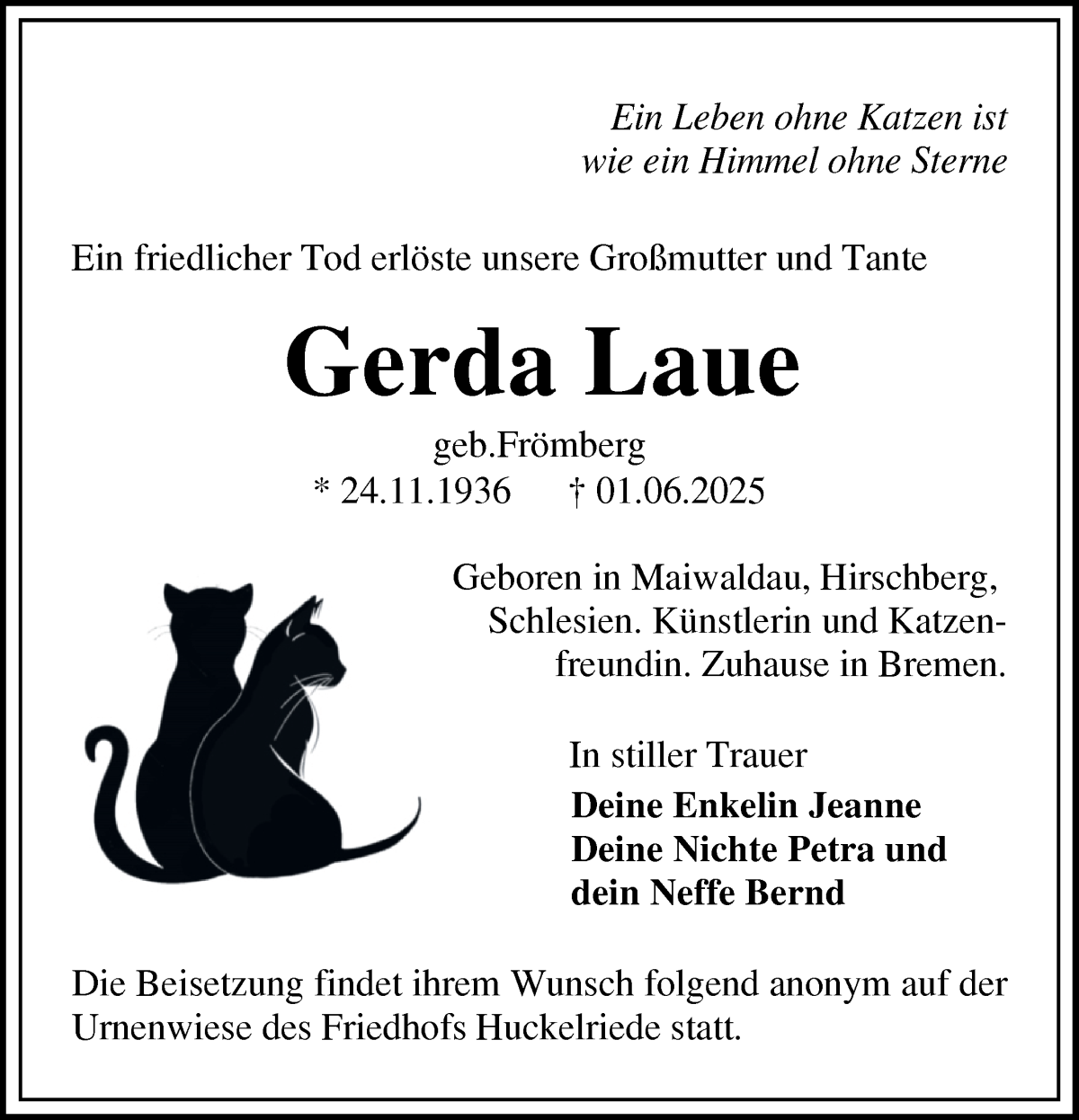 Traueranzeige von Gerda Laue von WESER-KURIER