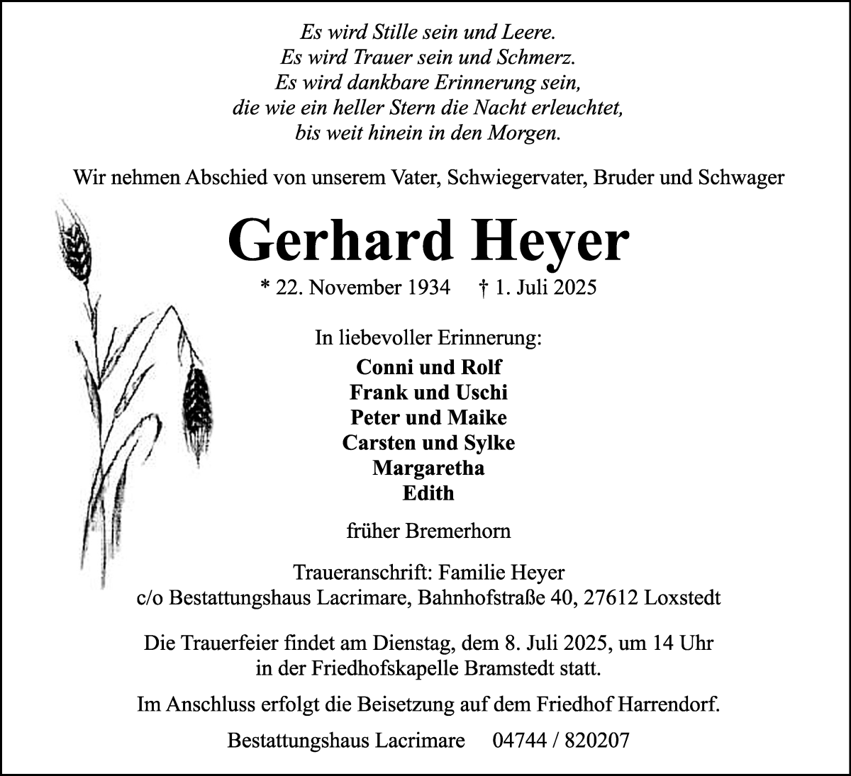 Traueranzeige von Gerhard Heyer von Osterholzer Kreisblatt