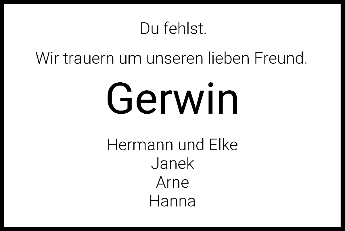 Traueranzeige von Gerwin Zühlke von Wuemme Zeitung