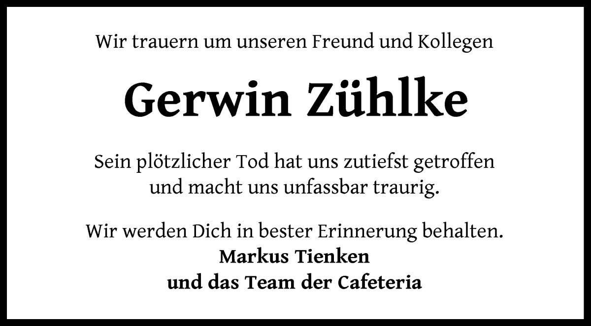 Traueranzeige von Gerwin Zühlke von Wuemme Zeitung