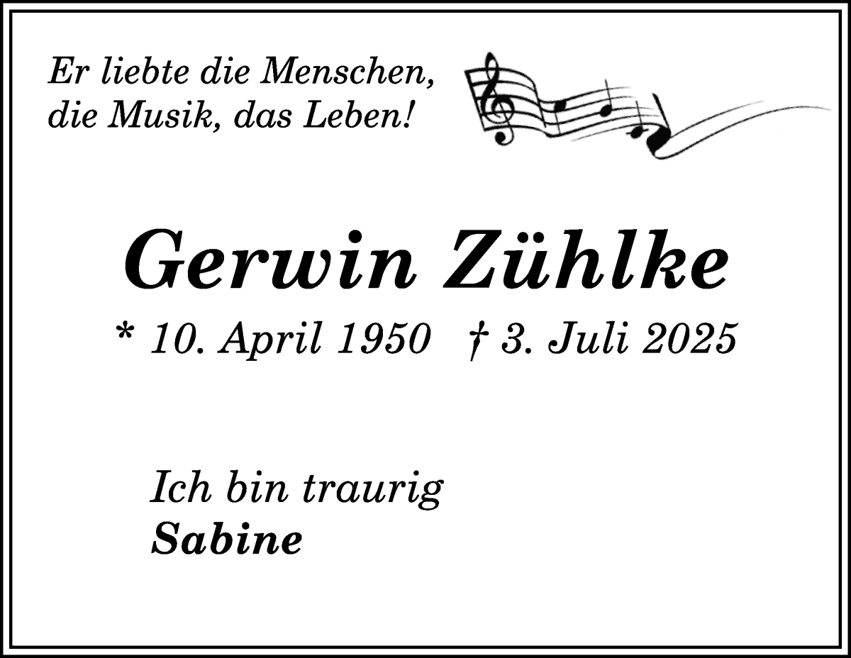 Traueranzeige von Gerwin Zühlke von Wuemme Zeitung