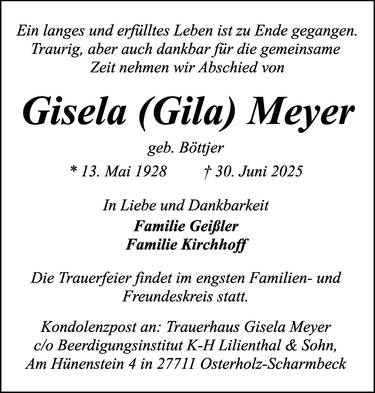 Traueranzeige von Gisela Meyer von Osterholzer Kreisblatt