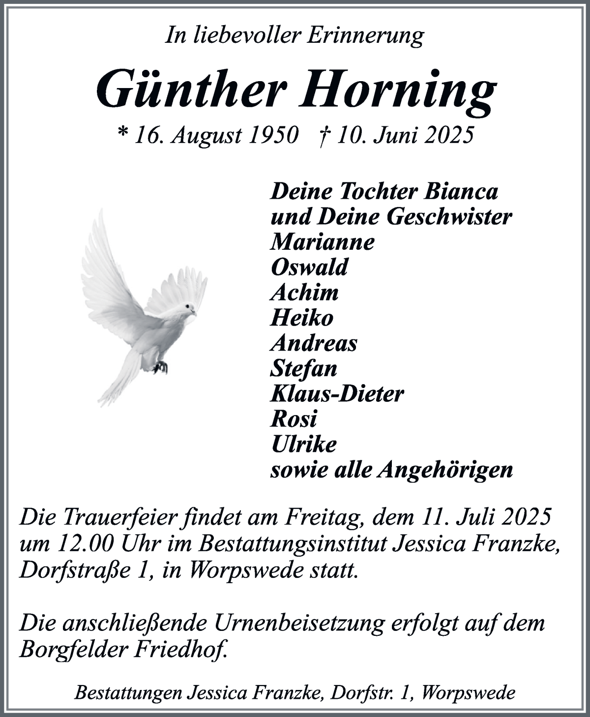 Traueranzeige von Günther Horning von Wuemme Zeitung