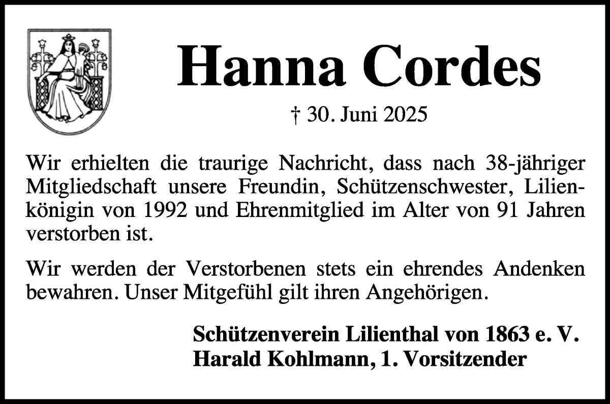 Traueranzeige von Hanna Cordes von Wuemme Zeitung