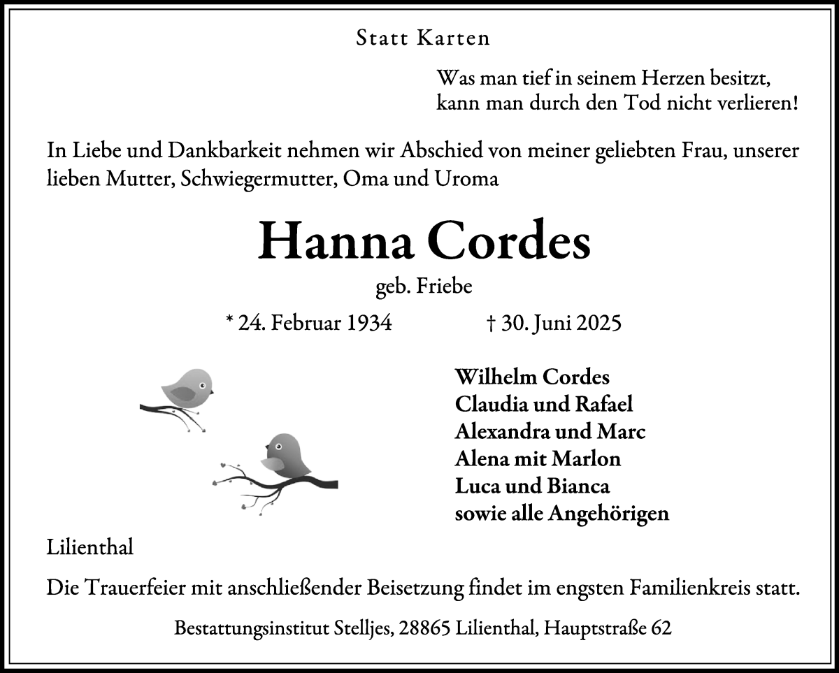Traueranzeige von Hanna Cordes von Wuemme Zeitung