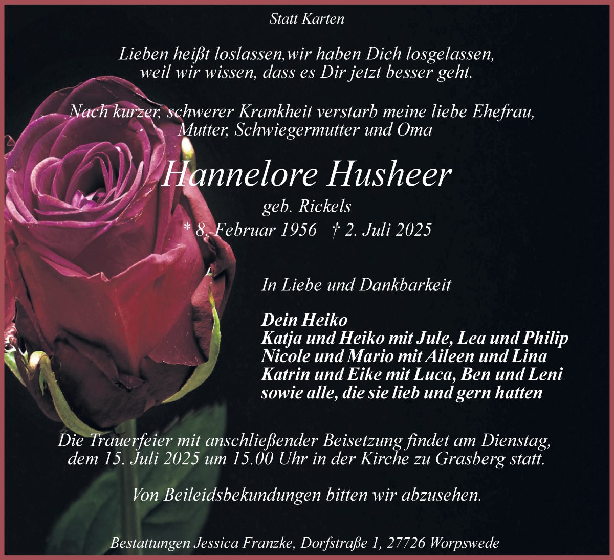 Traueranzeige von Hannelore Husheer von Wuemme Zeitung