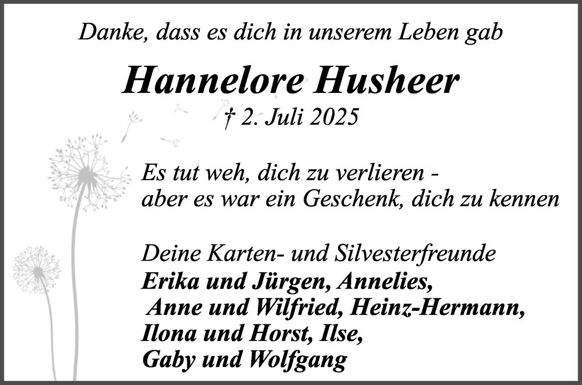 Traueranzeige von Hannelore Husheer von Wuemme Zeitung