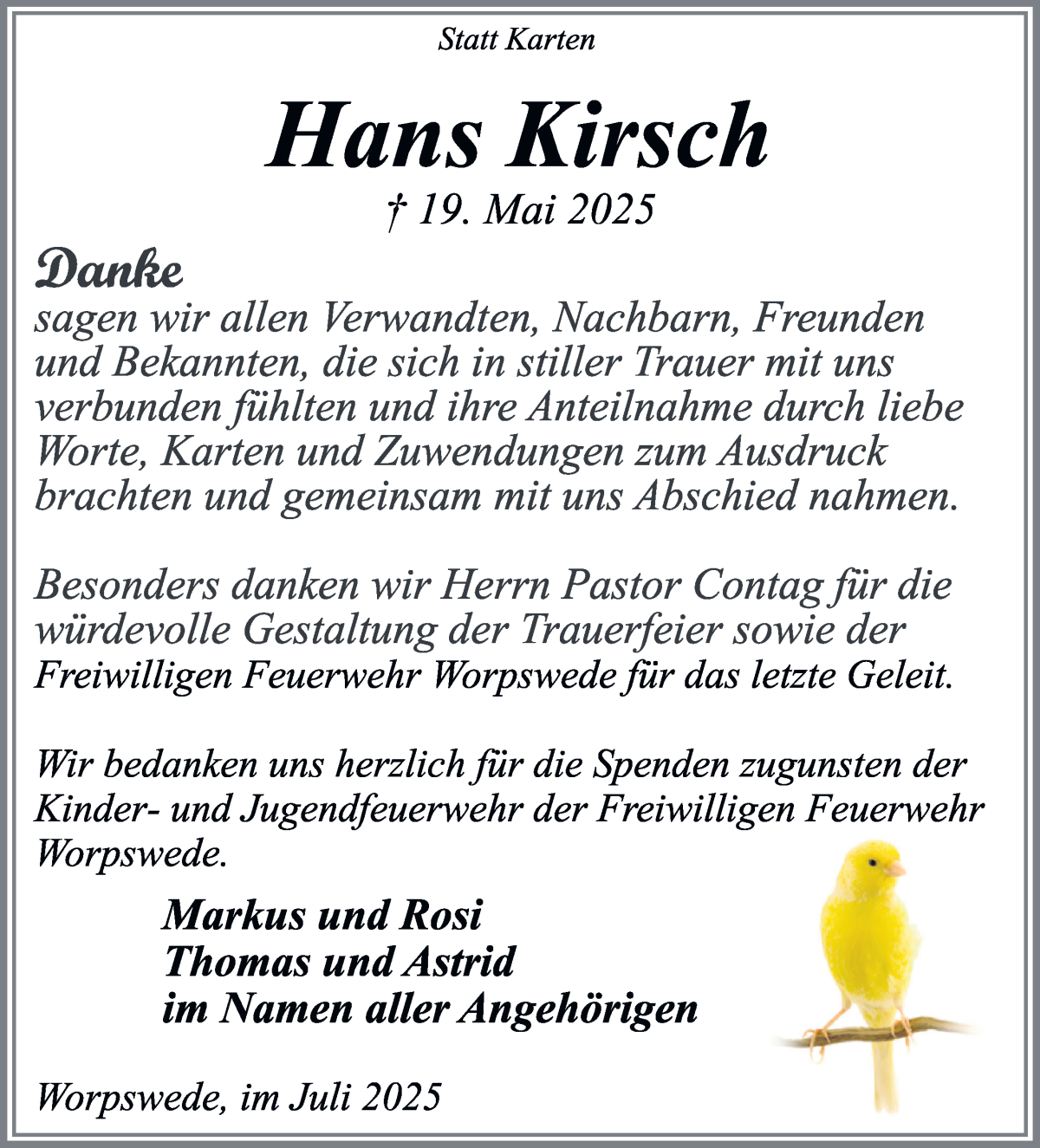 Traueranzeige von Hans Kirsch von Wuemme Zeitung