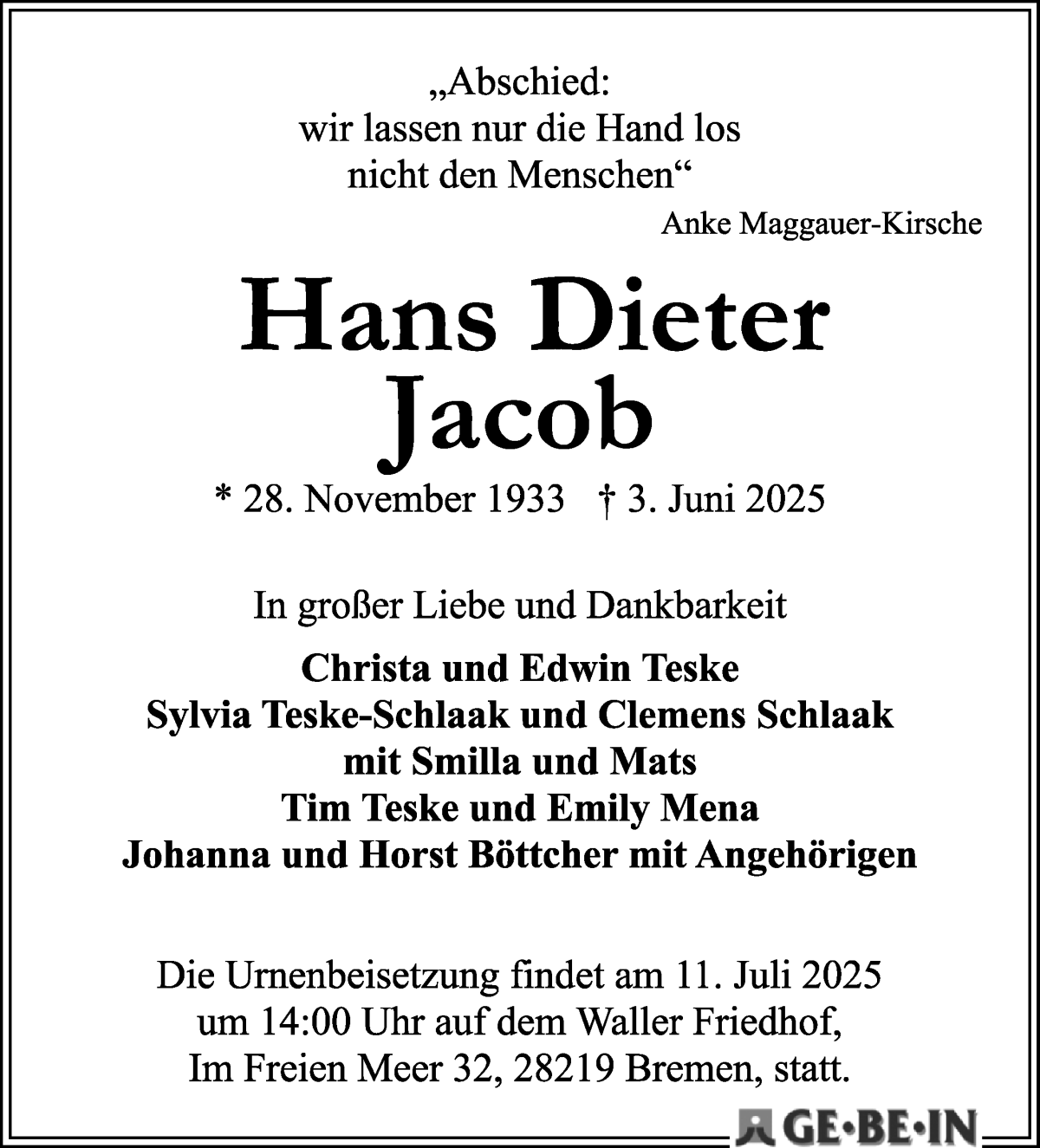 Traueranzeige von Hans Dieter Jacob von WESER-KURIER