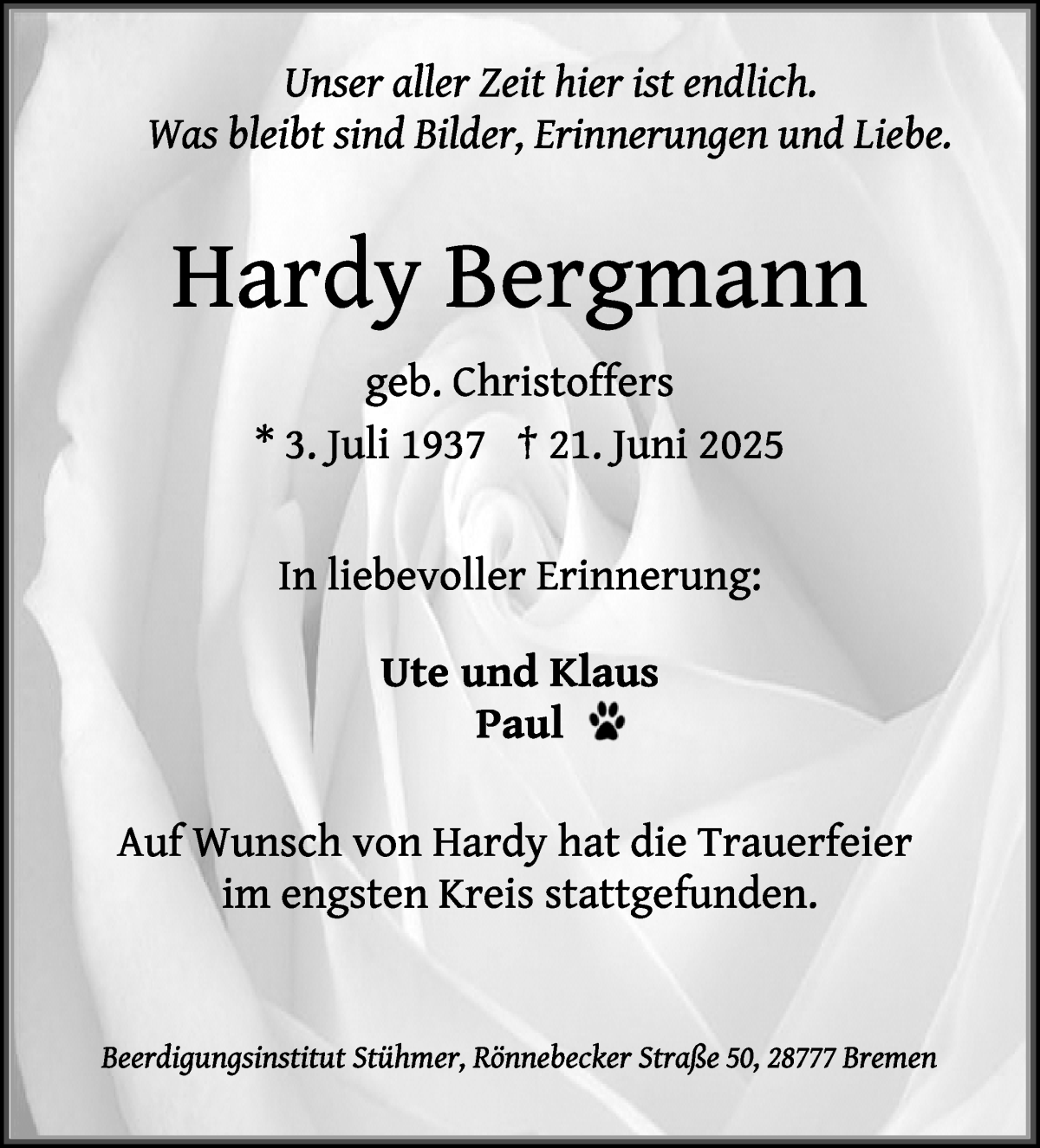 Traueranzeige von Hardy Bergmann von Die Norddeutsche