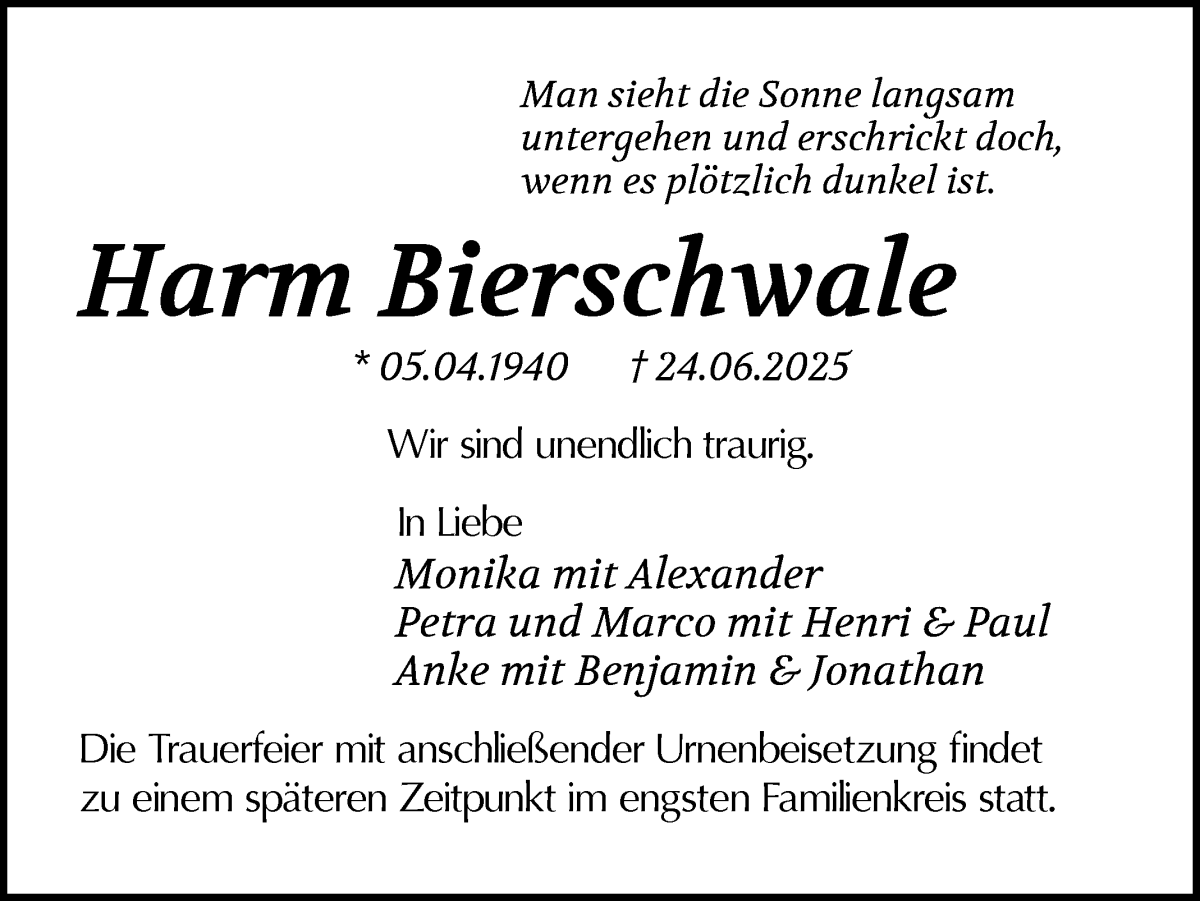 Traueranzeige von Harm Bierschwale von Osterholzer Kreisblatt